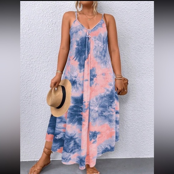 Boho Plus Size Tie Dye Ombre Print Asymmetrical Hem Cami Tank Top Maxi Dress - Picture 5 of 7